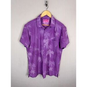 Retro Rifle Vice City Purple Tropical Palm Revolver Stretch Button Down Shirt L